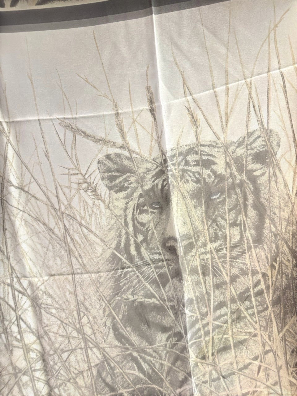 BERLIN VINTAGE CORNER vintage ESCADA silk scarf featuring a detailed tiger print in cream, grey, and charcoal tones.