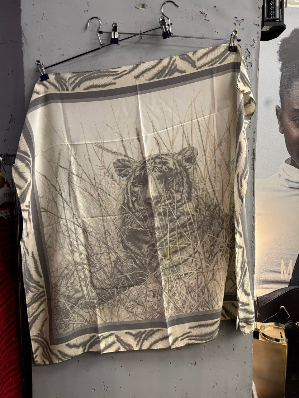 BERLIN VINTAGE CORNER vintage ESCADA silk scarf featuring a tiger print in cream, grey, and charcoal tones.