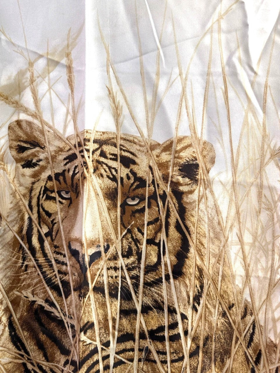 BERLIN VINTAGE CORNER ESCADA silk scarf featuring a tiger motif in cream, tan, and brown with tall grass details.