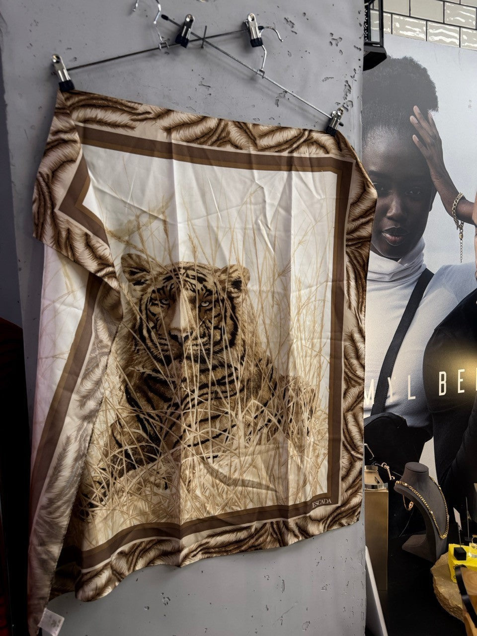 BERLIN VINTAGE CORNER Escada silk scarf featuring a tiger motif in cream, tan, and brown with a decorative border.