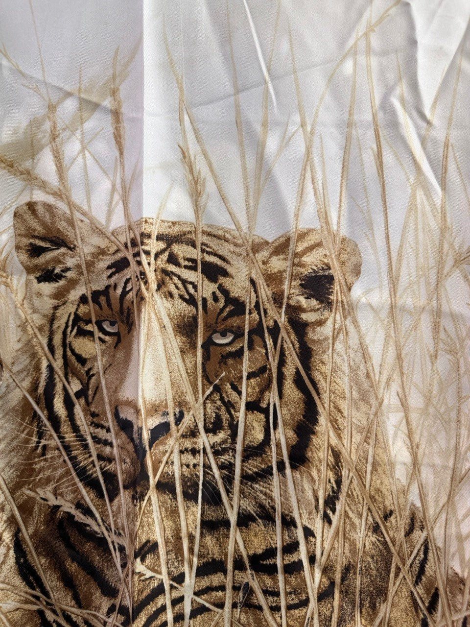 BERLIN VINTAGE CORNER ESCADA silk scarf featuring a tiger motif in cream, tan, and brown with tall grass details.
