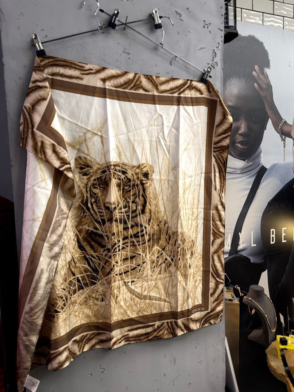 BERLIN VINTAGE CORNER Escada silk scarf featuring a tiger motif in cream, tan, and brown with a decorative border.