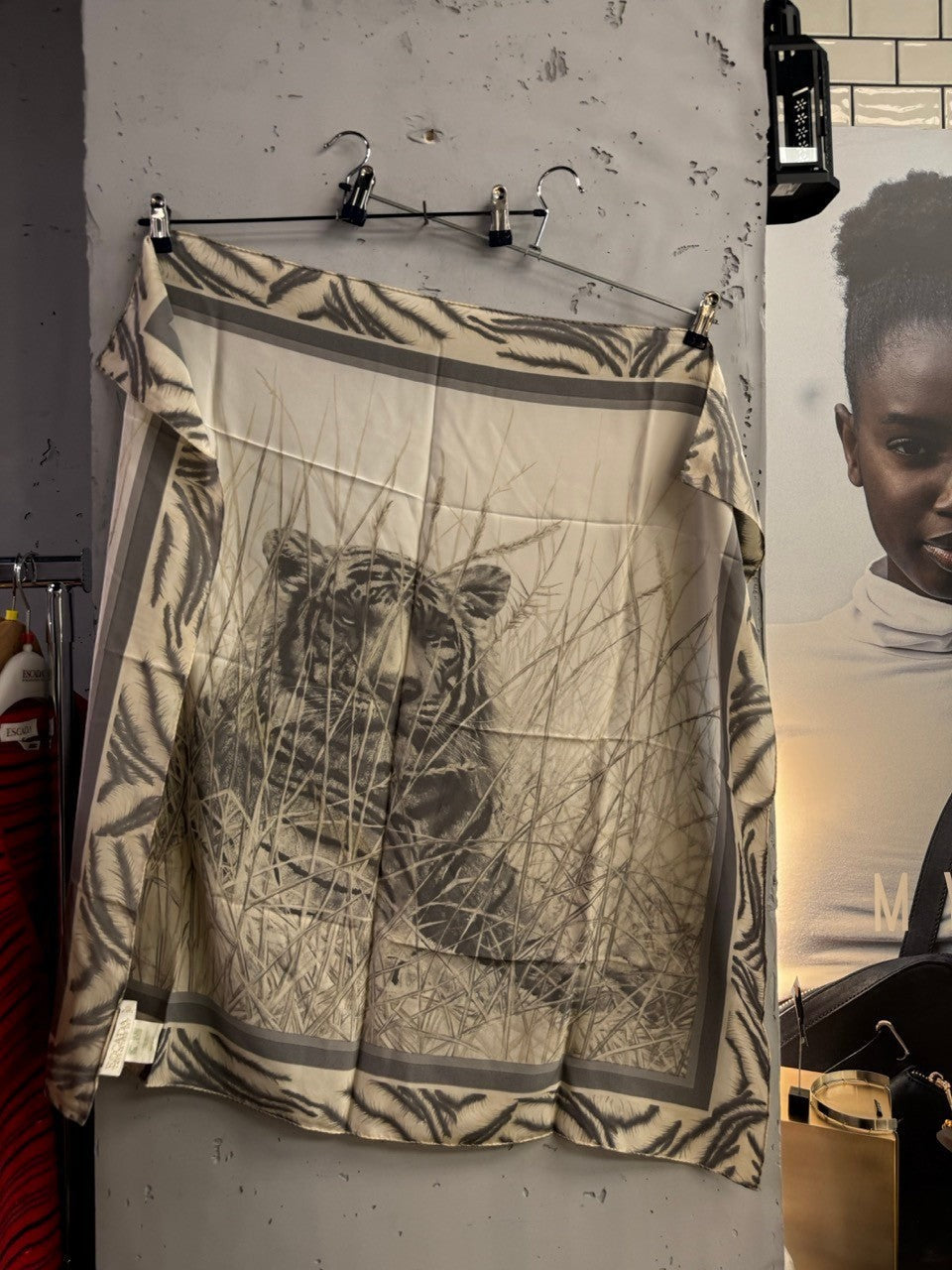 BERLIN VINTAGE CORNER Escada vintage silk scarf featuring a cream and charcoal tiger print in tall grass.