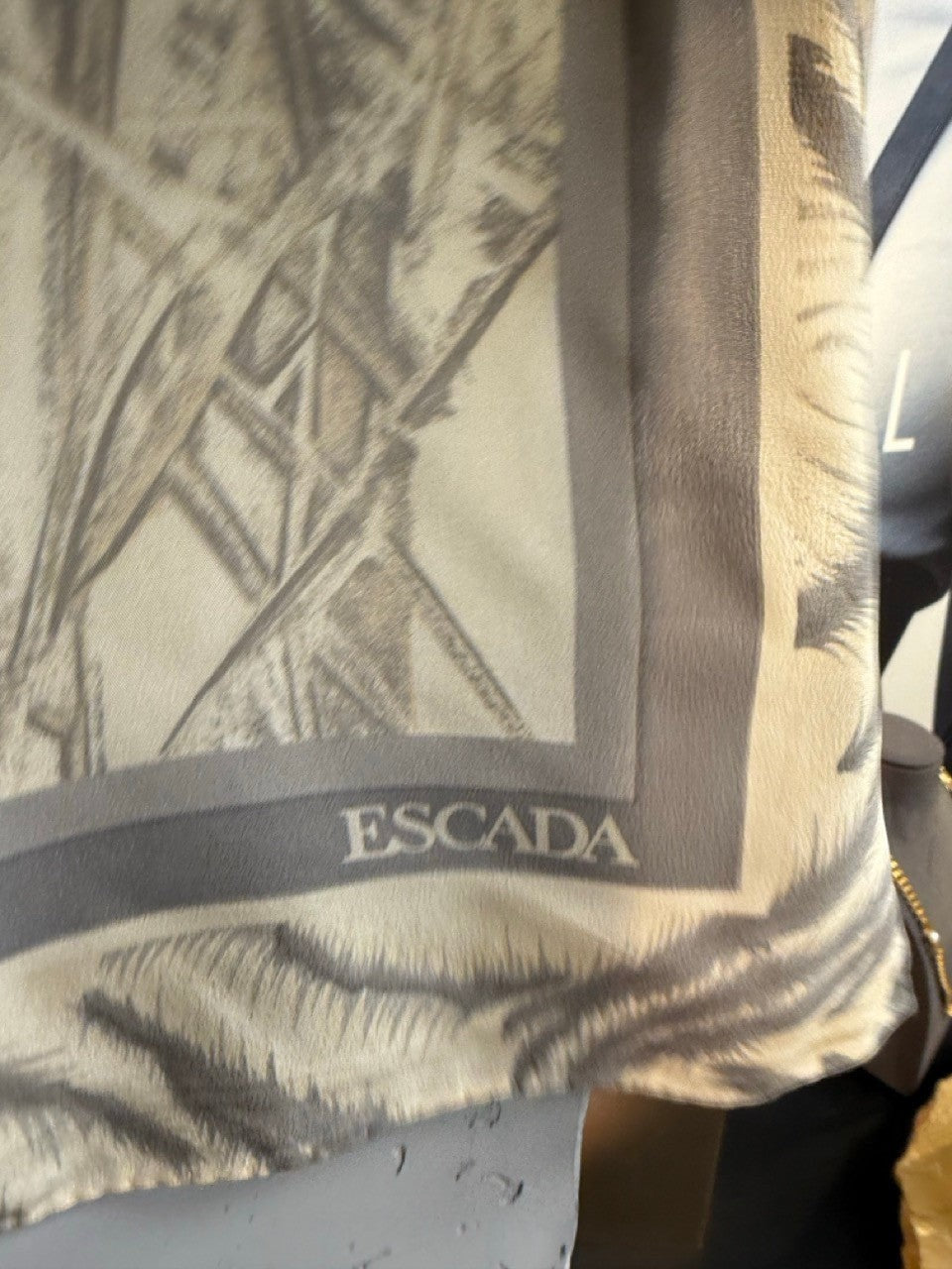 BERLIN VINTAGE CORNER Escada vintage silk scarf in cream and grey with tiger print and grass motif
