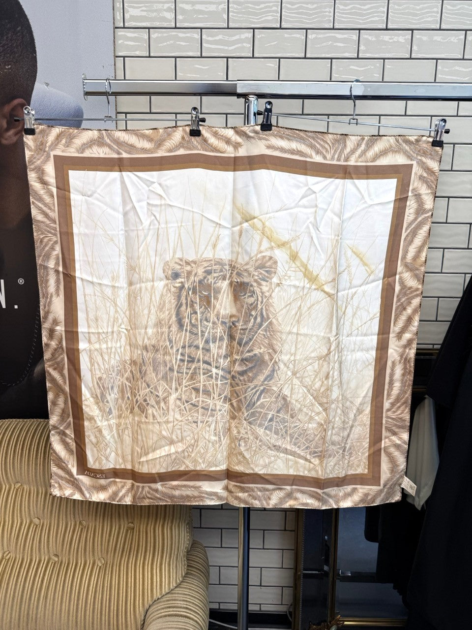 BERLIN VINTAGE CORNER vintage ESCADA silk scarf featuring a tiger in tall grass with a cream and brown border.