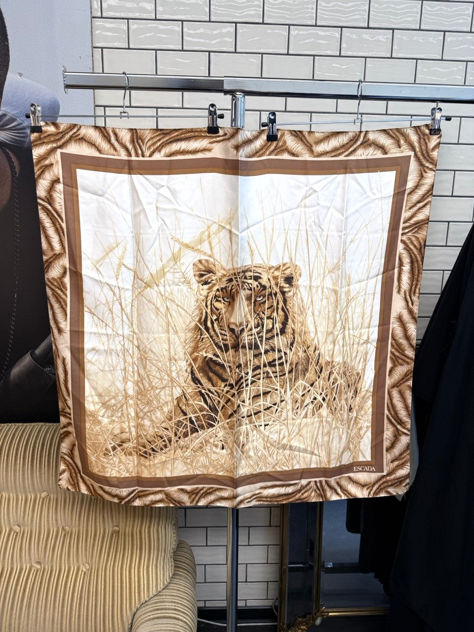 BERLIN VINTAGE CORNER Escada silk scarf featuring a tiger in golden grass with a brown border in cream and tan tones.
