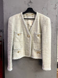 BERLIN VINTAGE CORNER Escada Margaretha Ley tweed blazer in blue and cream with pearl gold buttons and braided trim.