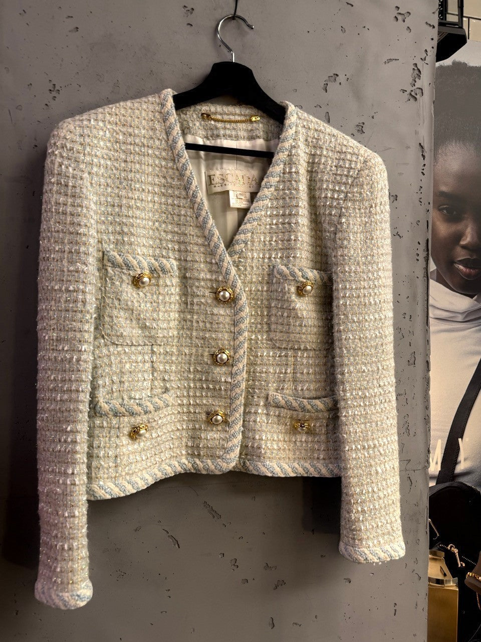 BERLIN VINTAGE CORNER Escada Margaretha Ley tweed blazer in blue and cream with pearl gold buttons and braided trim.