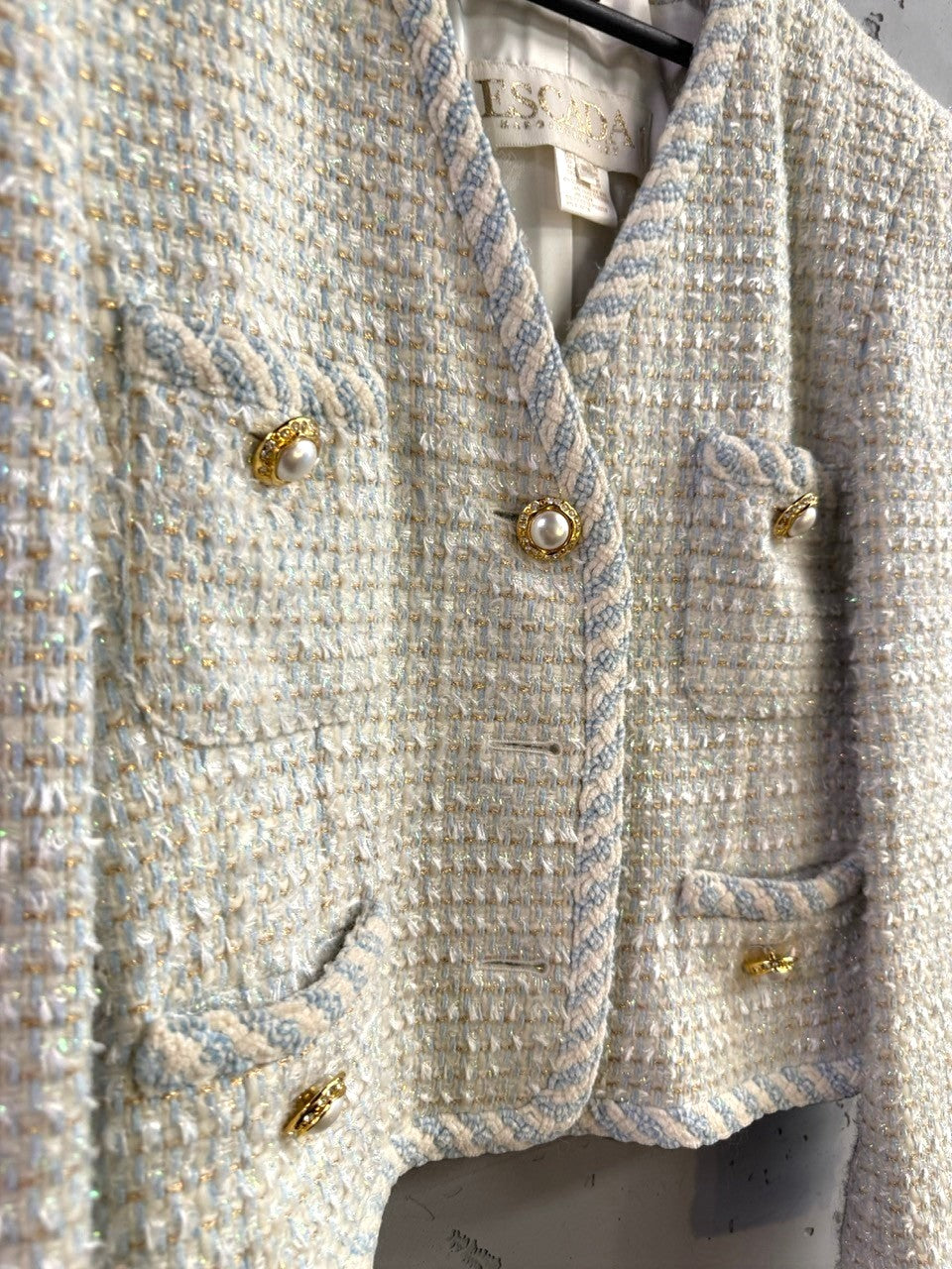 BERLIN VINTAGE CORNER Escada Margaretha Ley blue and cream tweed blazer with braided trim and pearl gold buttons.