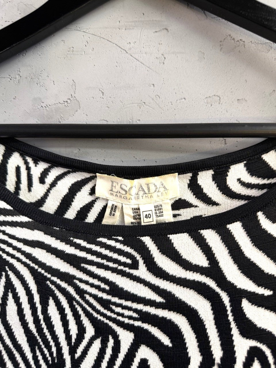 BERLIN VINTAGE CORNER Escada Margaretha Ley sleeveless knit top featuring a black and white zebra print pattern.