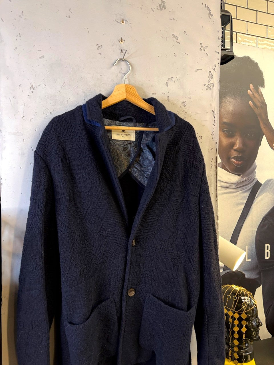 Etro Navy Textured Knit Blazer with Paisley Lining, front detail