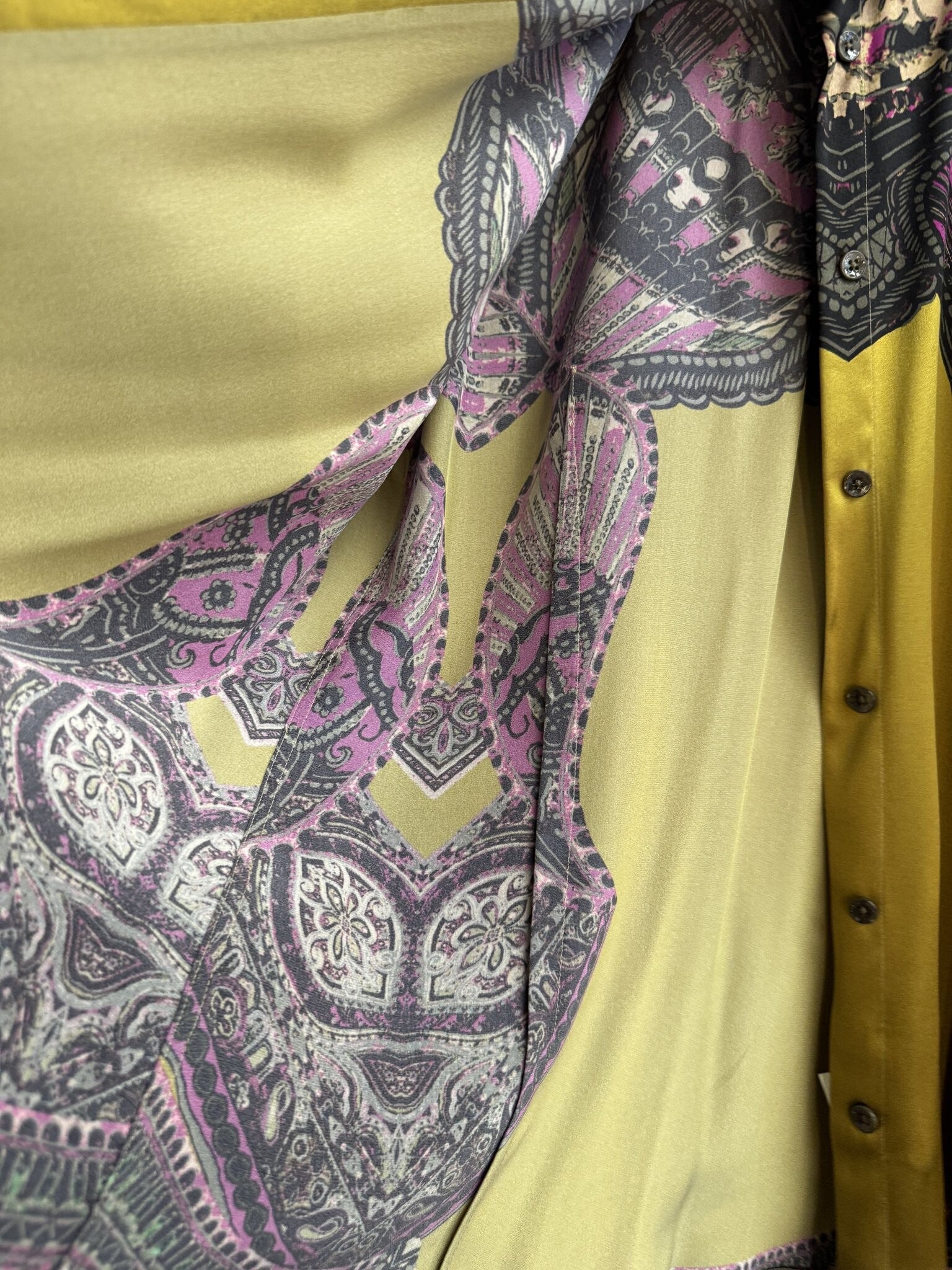 BERLIN VINTAGE CORNER ETRO long sleeve button down shirt in mustard yellow with magenta and charcoal paisley print