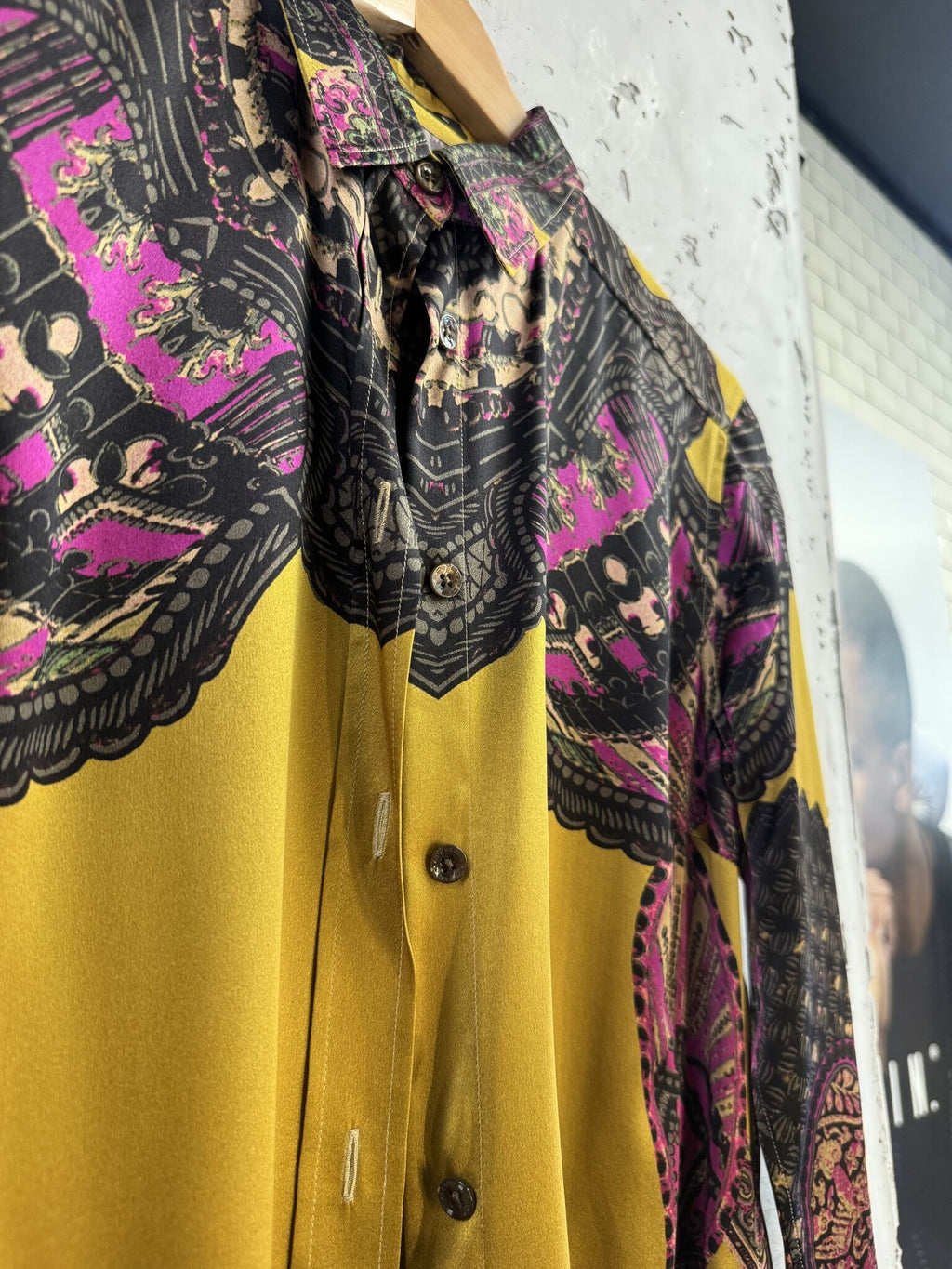 BERLIN VINTAGE CORNER ETRO long sleeve button down shirt in mustard yellow with magenta and charcoal paisley print