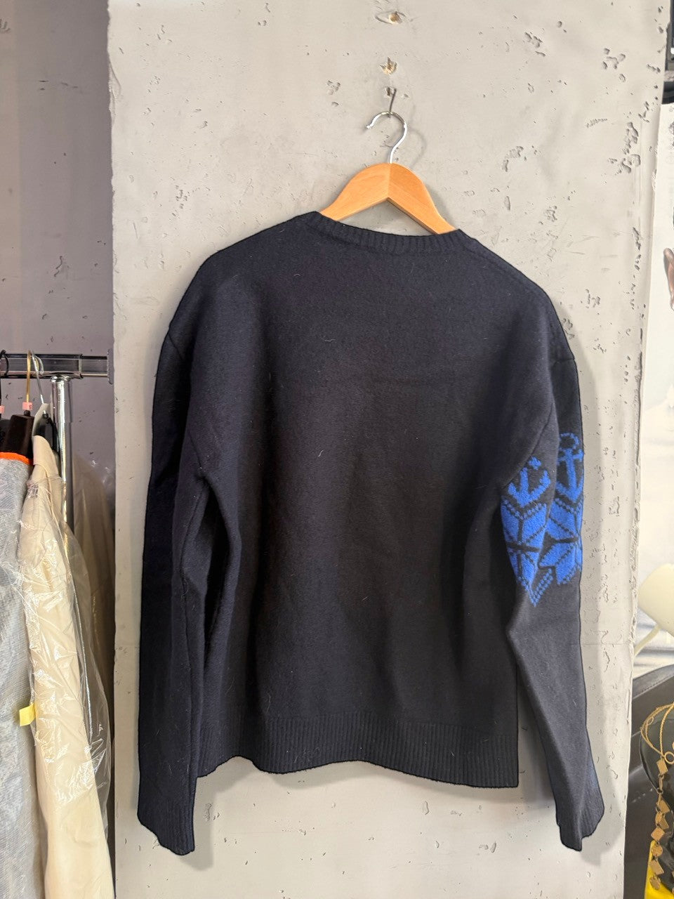 Etro navy knit sweater with blue sleeve motif, full view