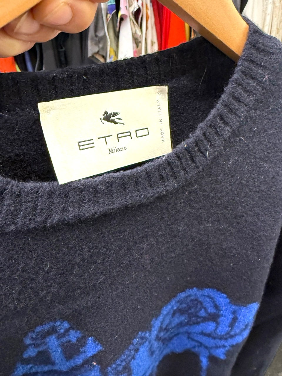 Etro navy sweater, label and blue intarsia