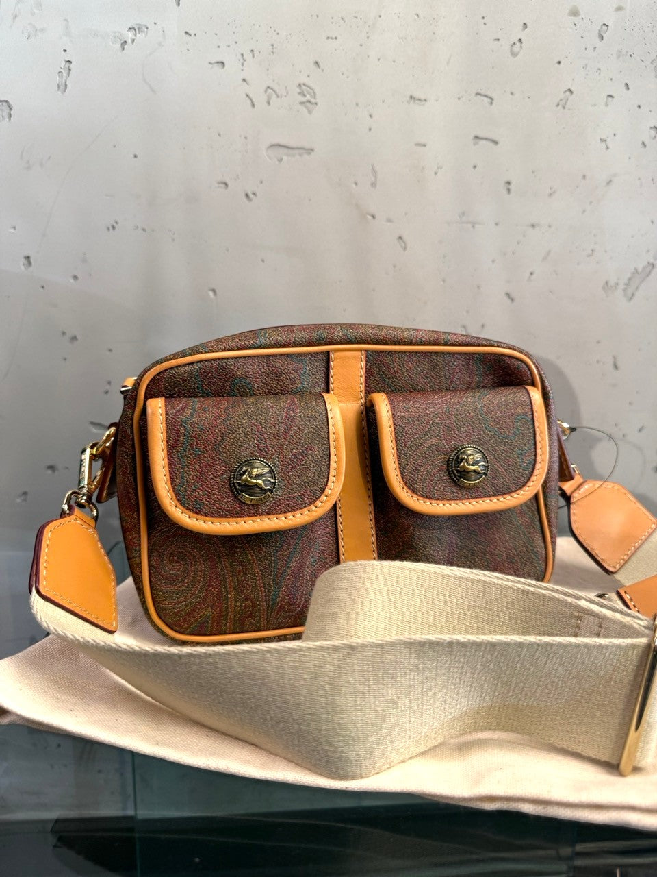 Etro paisley camera bag with front pockets, front view