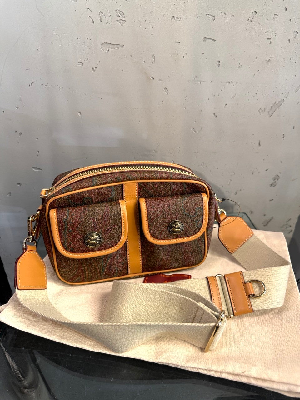 Etro paisley camera bag with webbing strap