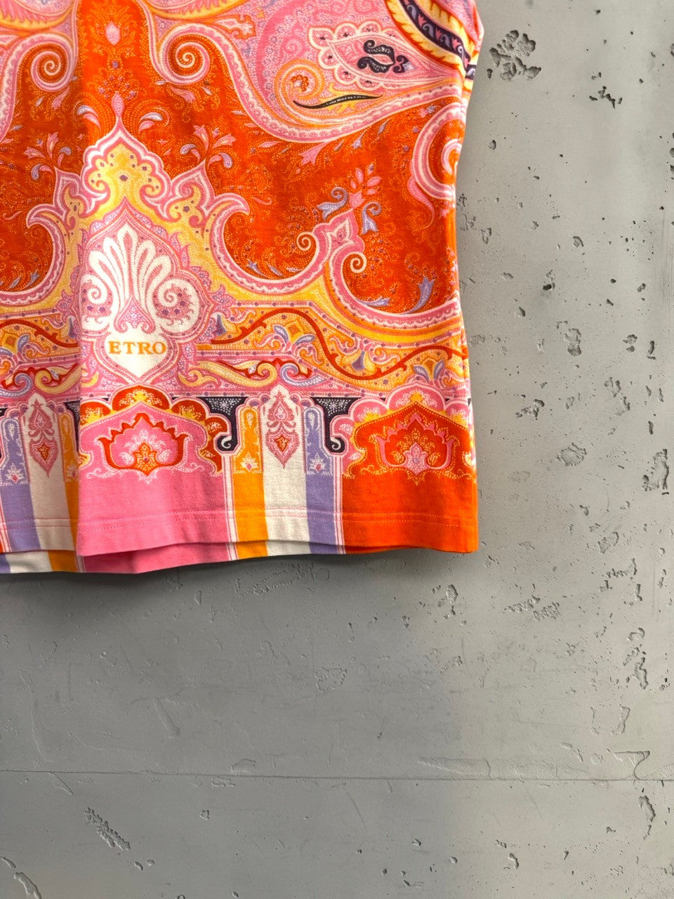 BERLIN VINTAGE CORNER Etro paisley print cap sleeve top in orange, pink, yellow, and lavender. Features a bold, intricate pattern with a subtle ETRO logo.