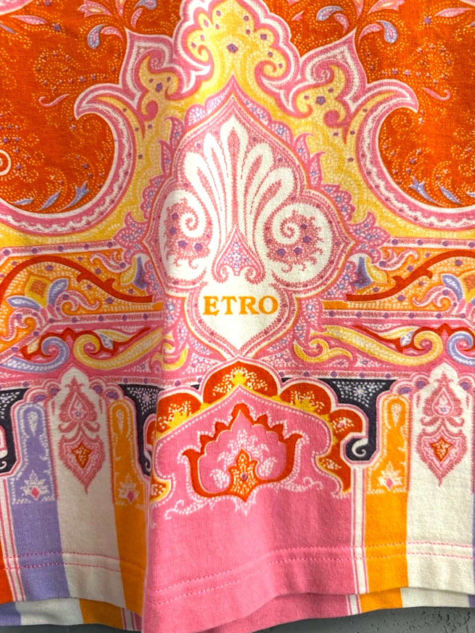 BERLIN VINTAGE CORNER Etro paisley print cap sleeve top in orange, pink, yellow, and lavender. Features a vibrant, intricate pattern with a subtle ETRO logo.