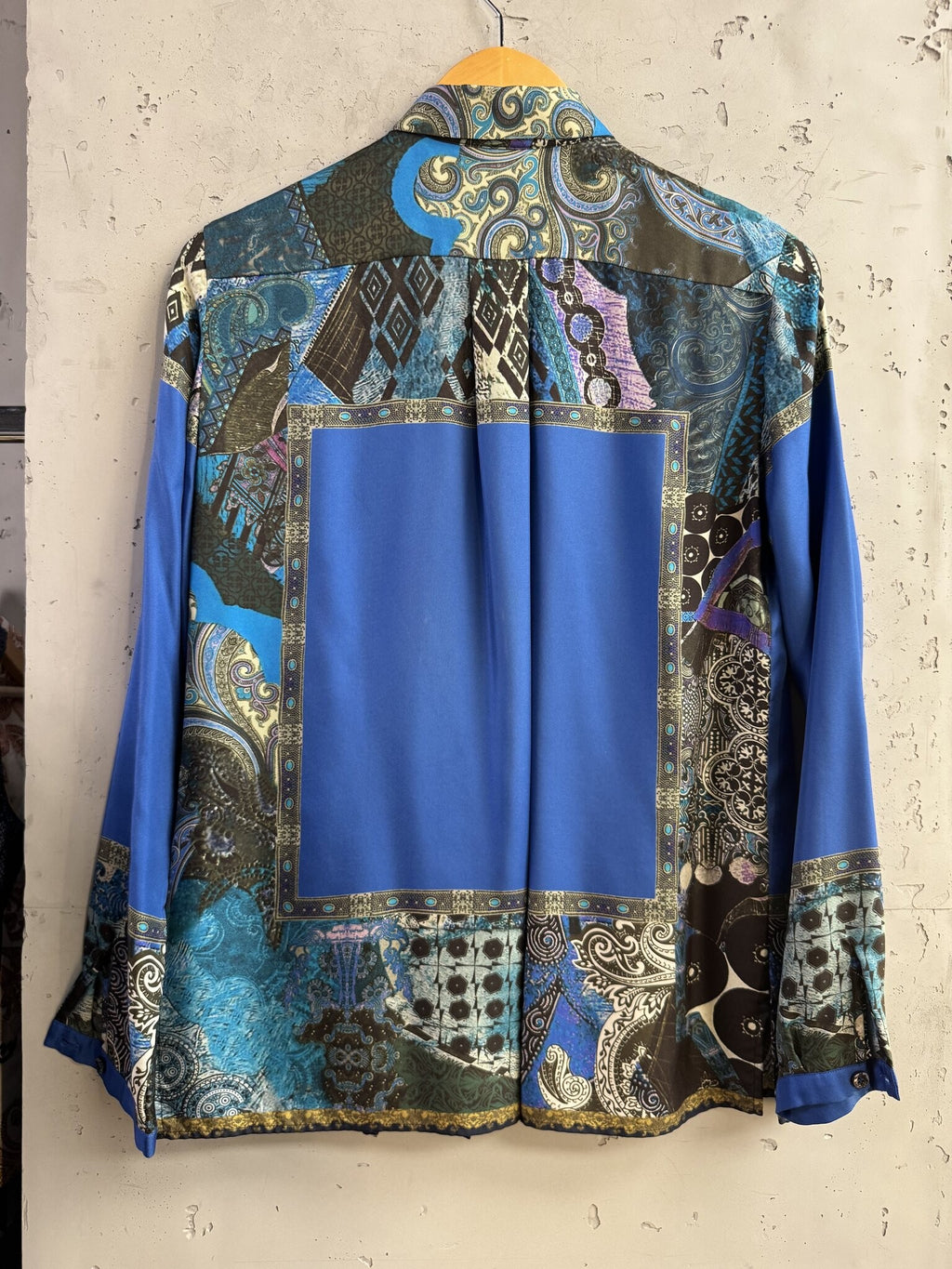 BERLIN VINTAGE CORNER ETRO long sleeve button down shirt featuring a vibrant blue patchwork paisley and geometric print.
