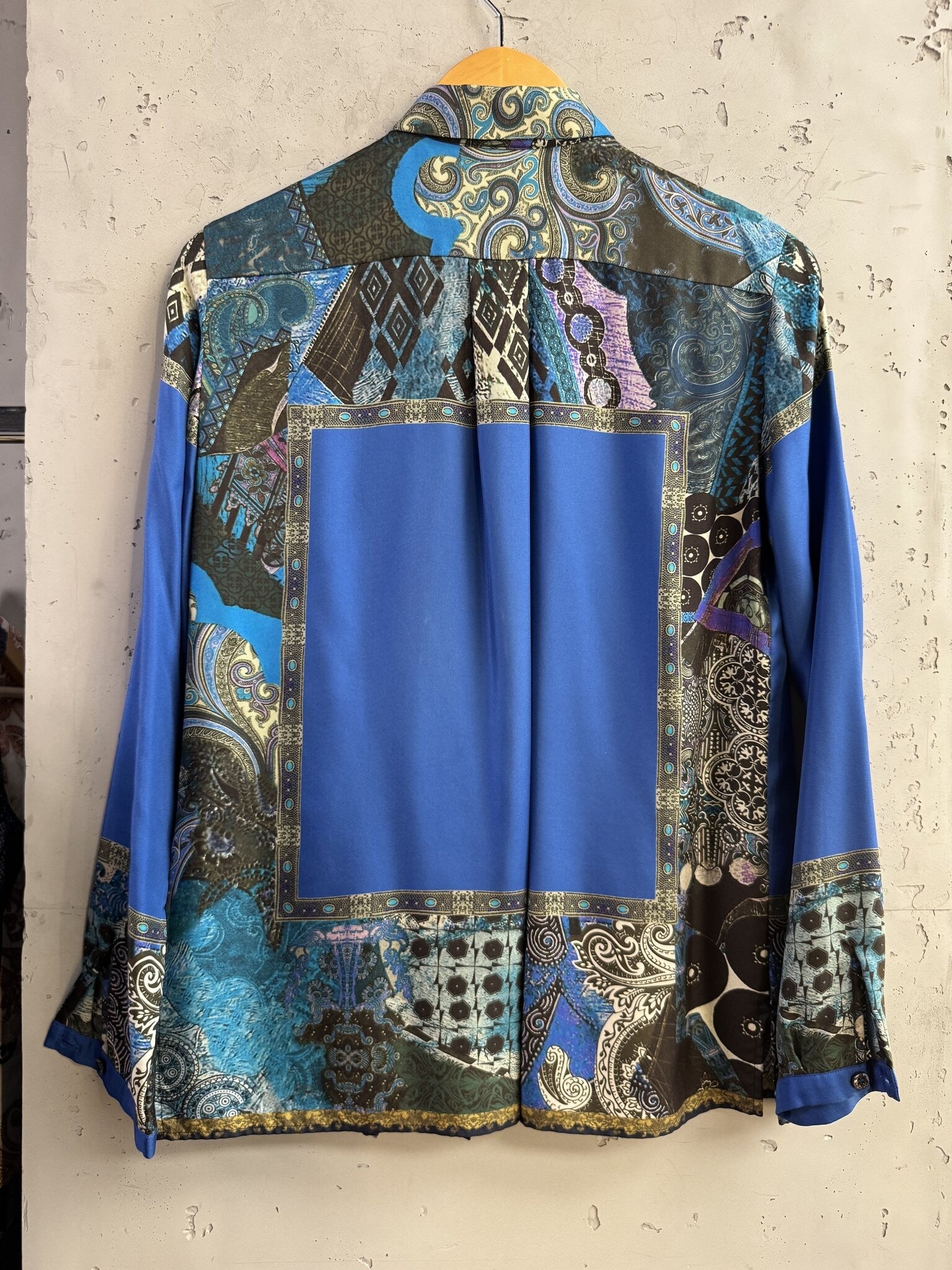 BERLIN VINTAGE CORNER ETRO long sleeve button down shirt featuring a vibrant blue patchwork paisley and geometric print.