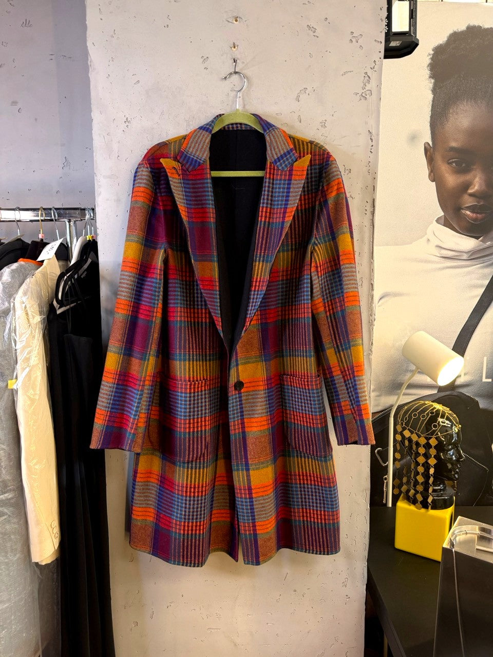 Etro reversible coat worn check side out, front view