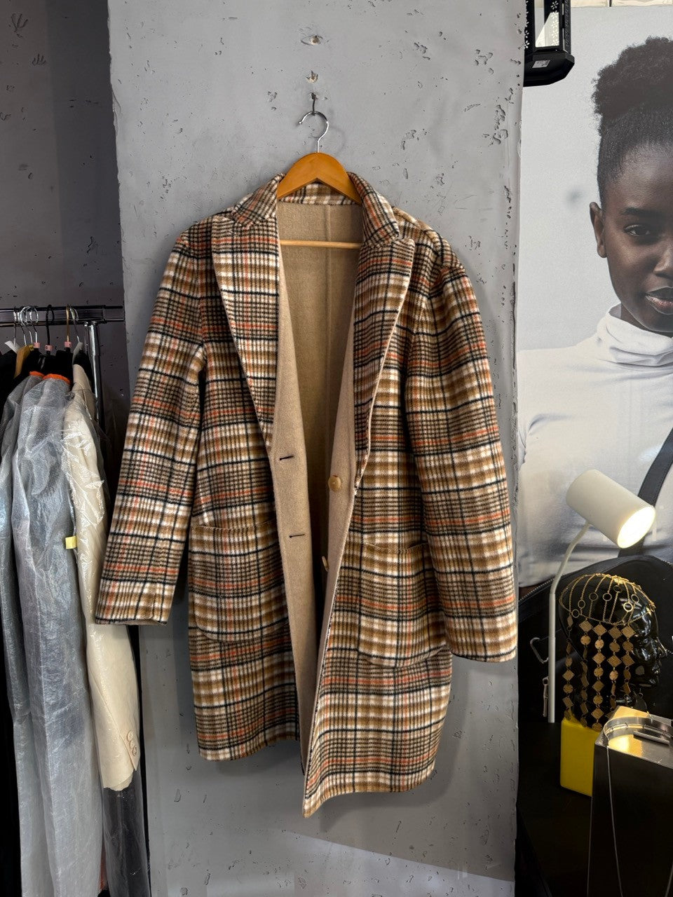 Etro reversible coat, check side, front view