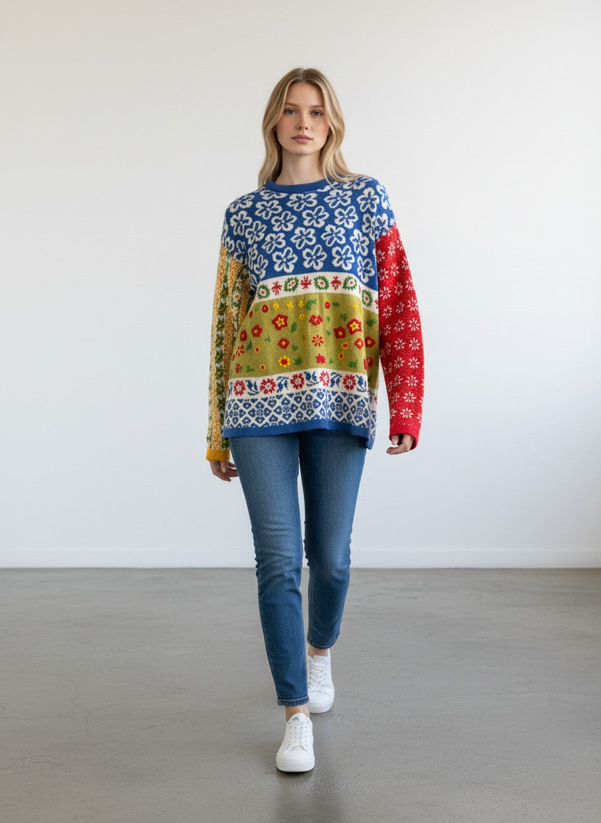 BERLIN VINTAGE CORNER blue knit sweater with white floral pattern, red & green accents, yellow & green stripes, and geometric sleeves.