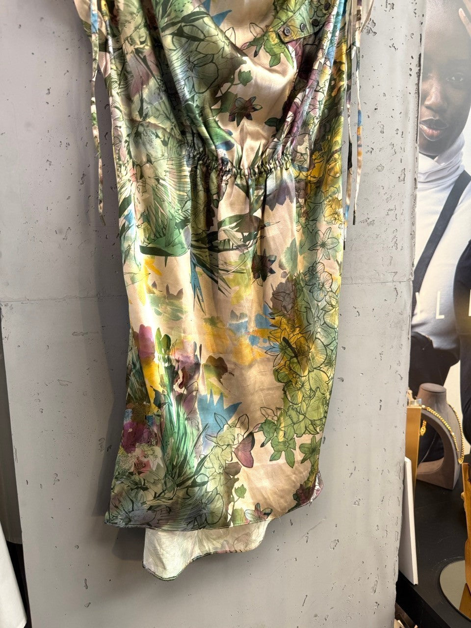 BERLIN VINTAGE CORNER floral print midi dress with cowl neck and tie shoulders in green, blue, purple, yellow.