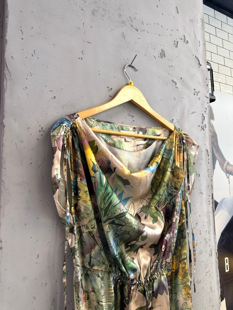 BERLIN VINTAGE CORNER floral print midi dress with cowl neck and tie shoulders. Green, blue, purple, yellow.