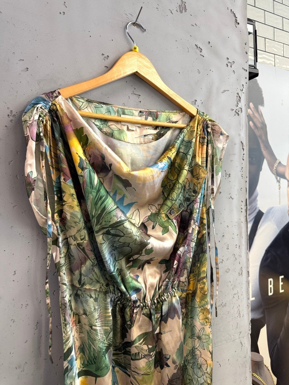 BERLIN VINTAGE CORNER floral print midi dress with cowl neck and tie shoulders in green, blue, purple, yellow.