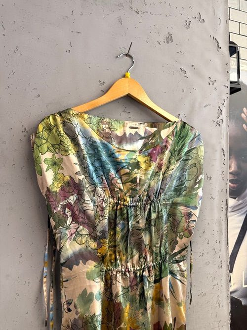 BERLIN VINTAGE CORNER floral print midi dress with cowl neck and elasticated waist in green, blue, purple, and yellow.