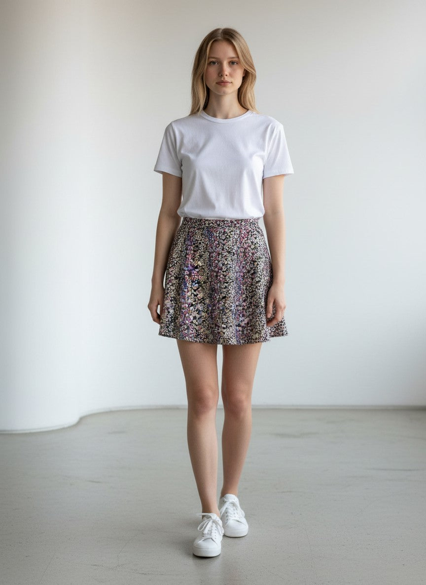 BERLIN VINTAGE CORNER black mini skirt with ditsy floral print in pink, blue, and white. A-line silhouette.