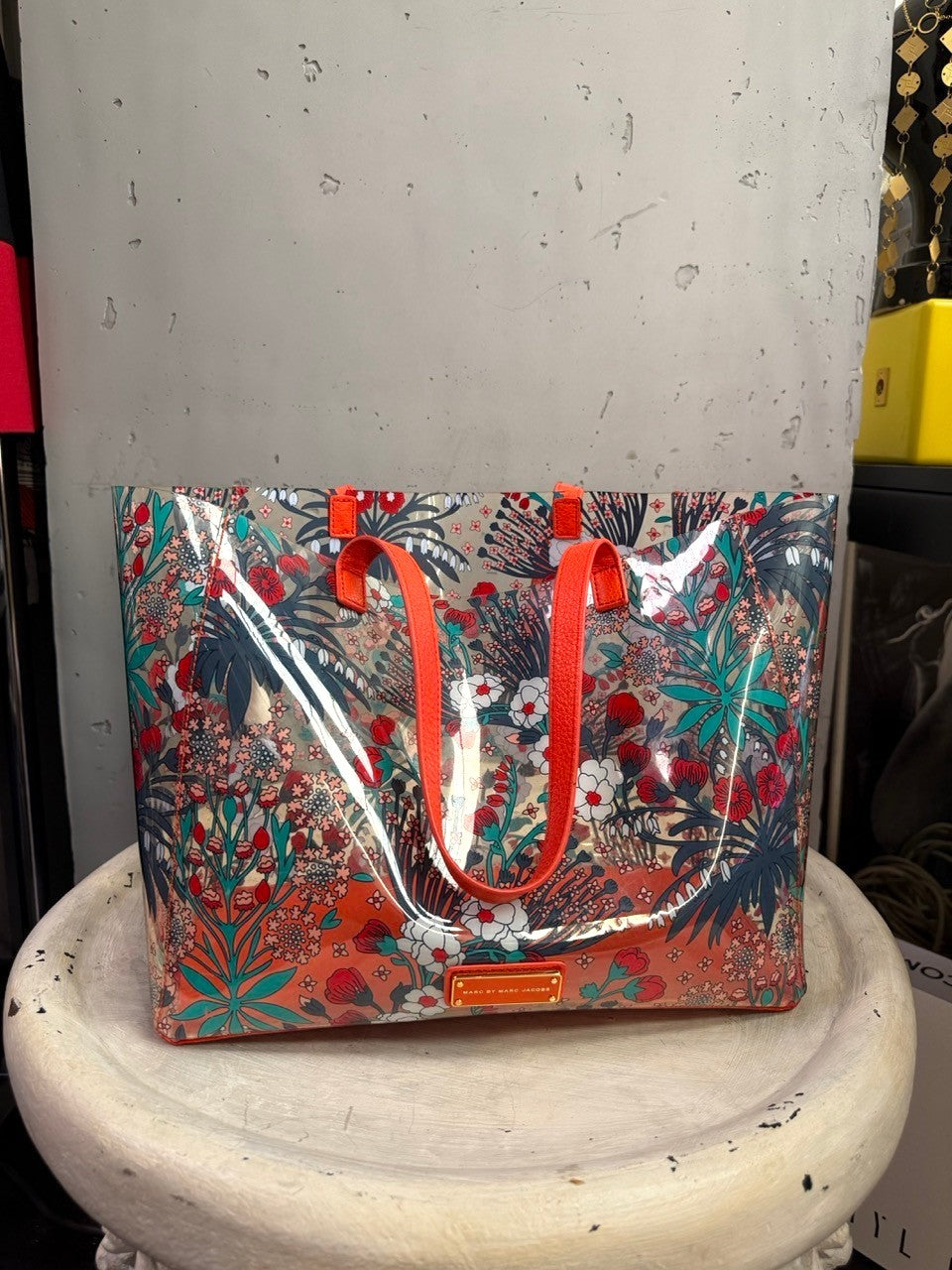 BERLIN VINTAGE CORNER Marc by Marc Jacobs transparent PVC tote with red, teal, and white floral print and orange trim