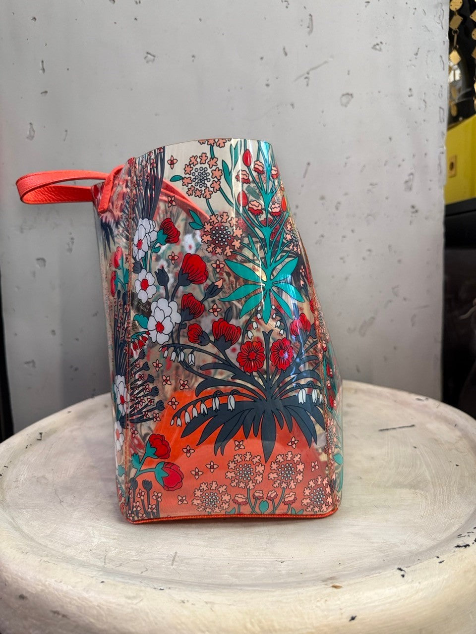 BERLIN VINTAGE CORNER transparent PVC Marc by Marc Jacobs tote with red, teal, and white floral print and orange trim