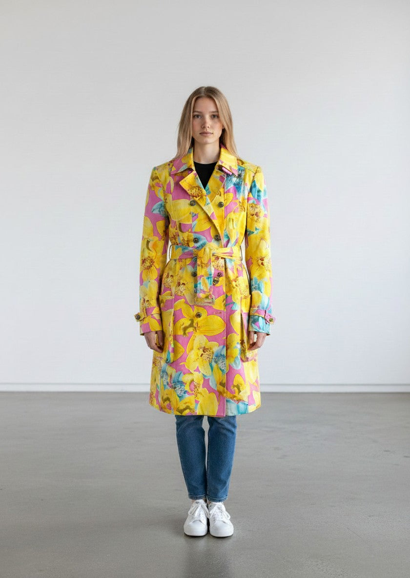 BERLIN VINTAGE CORNER yellow, pink, blue floral print double-breasted trench coat with belt and gold buttons.