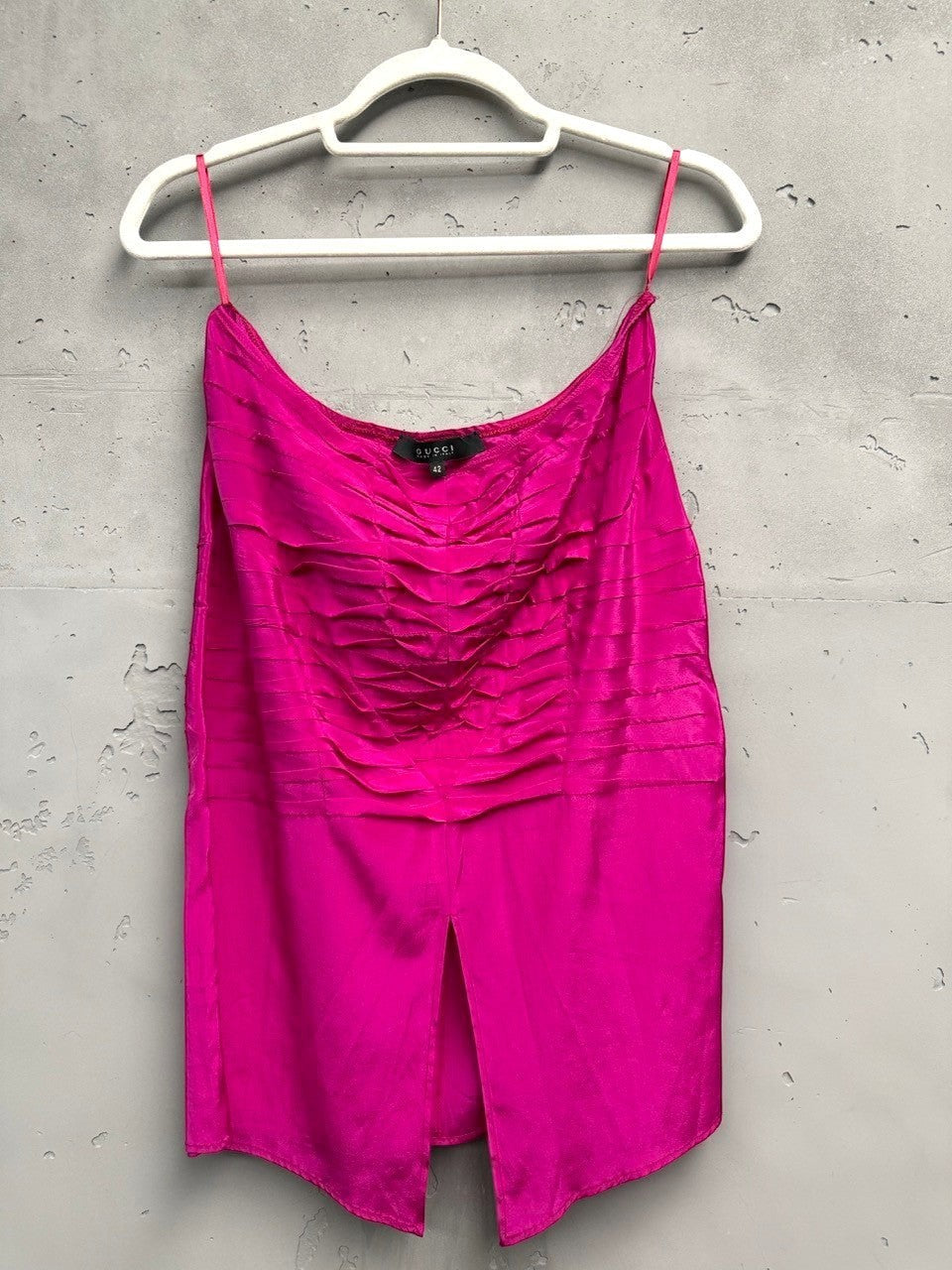 BERLIN VINTAGE CORNER fuchsia ruched silk spaghetti strap top with front slit.