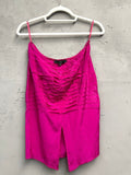 BERLIN VINTAGE CORNER fuchsia ruched silk spaghetti strap top with front slit.