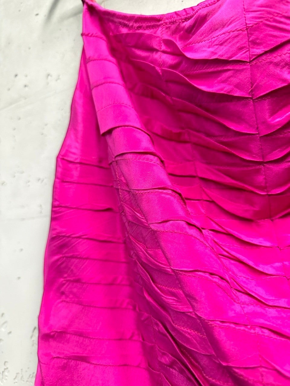 BERLIN VINTAGE CORNER fuchsia ruched silk spaghetti strap top with adjustable straps.