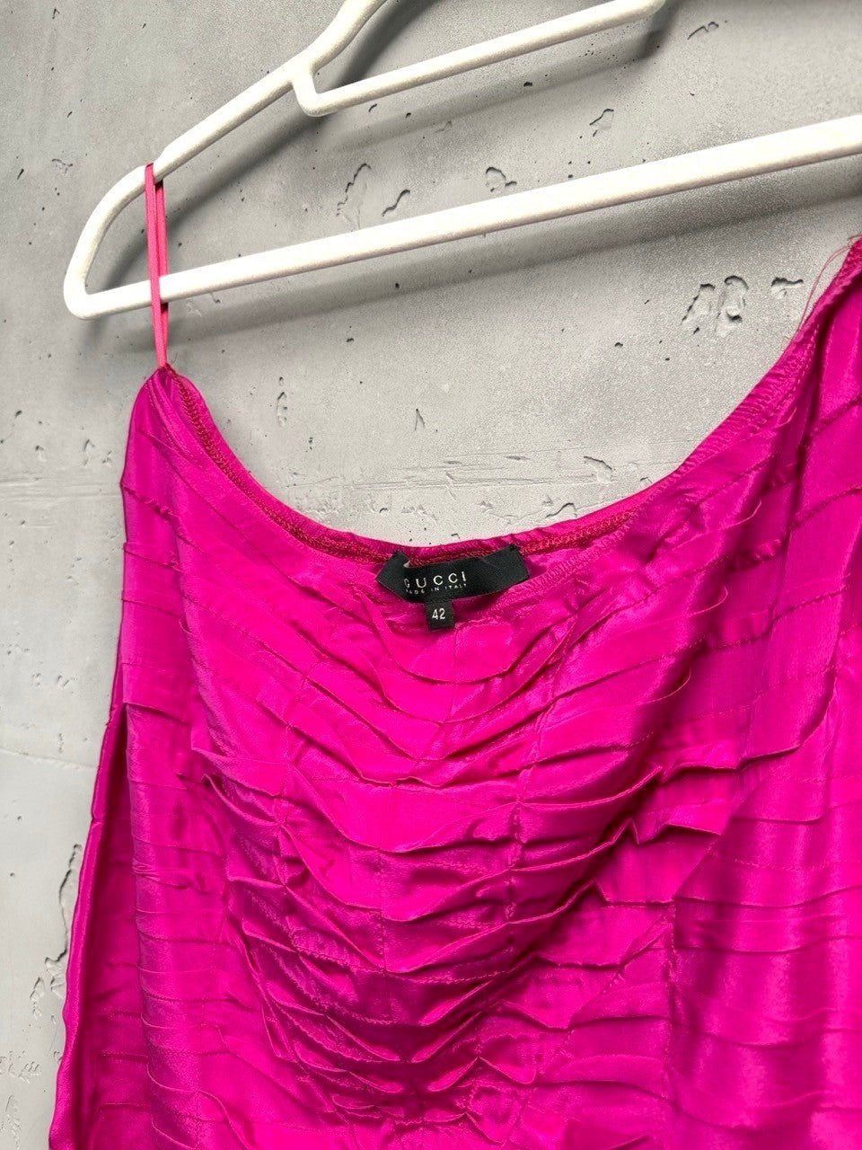 BERLIN VINTAGE CORNER fuchsia ruched silk spaghetti strap top with adjustable straps and a flattering high-waisted design.