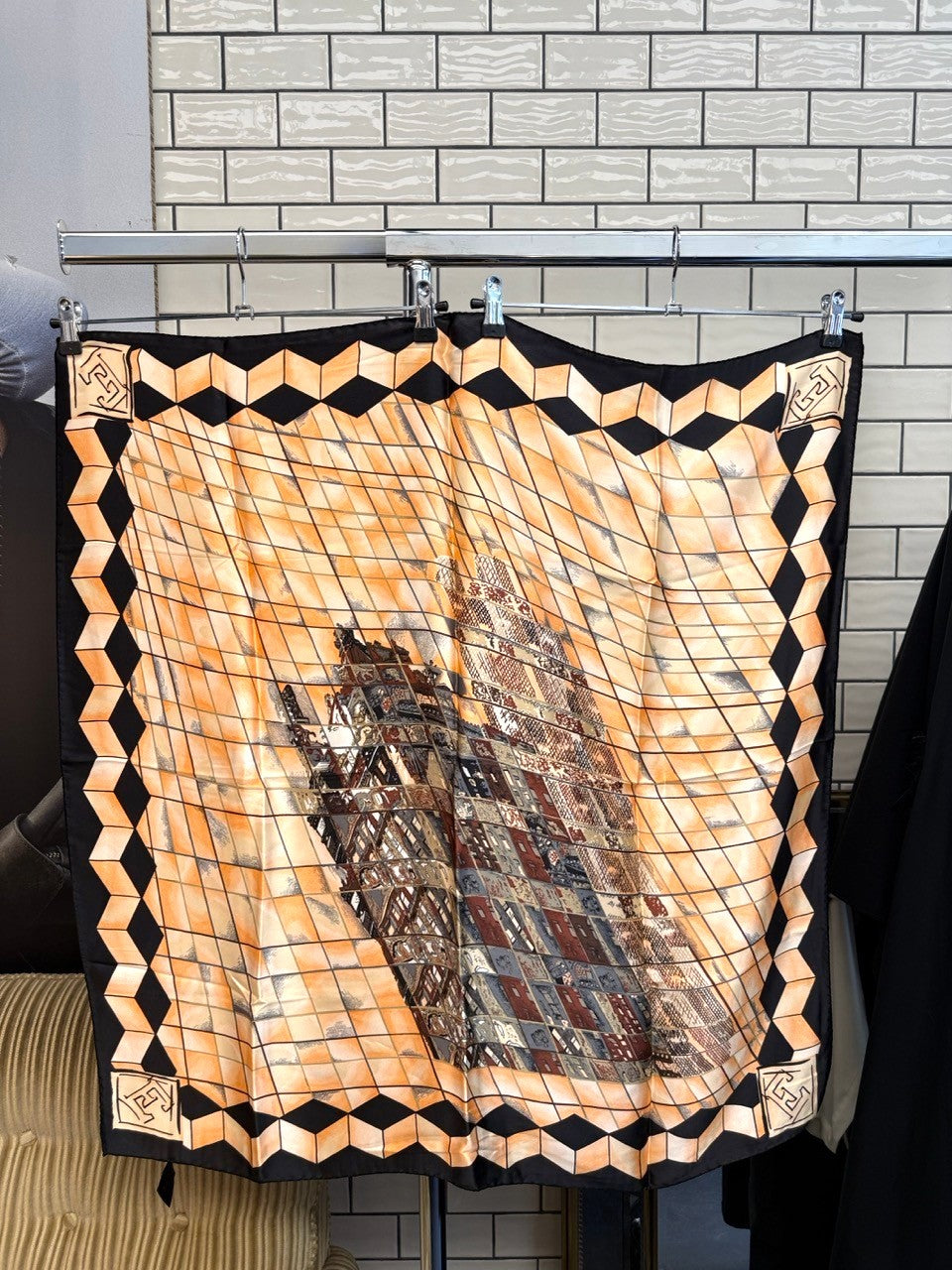 BERLIN VINTAGE CORNER silk scarf featuring a peach and black geometric architectural print with a bold grid border.