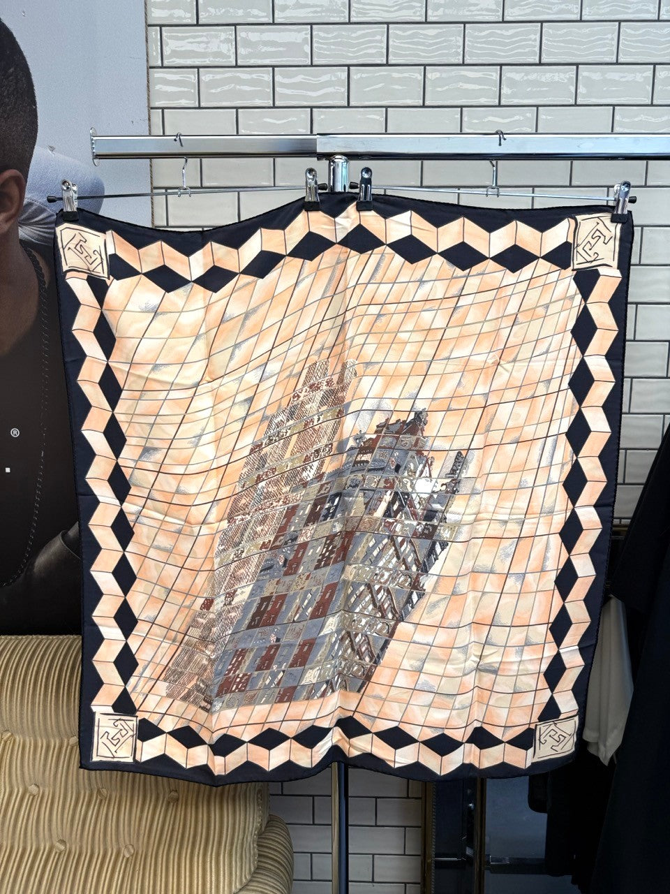BERLIN VINTAGE CORNER silk scarf featuring a geometric architectural print in peach, black, and earth tones.