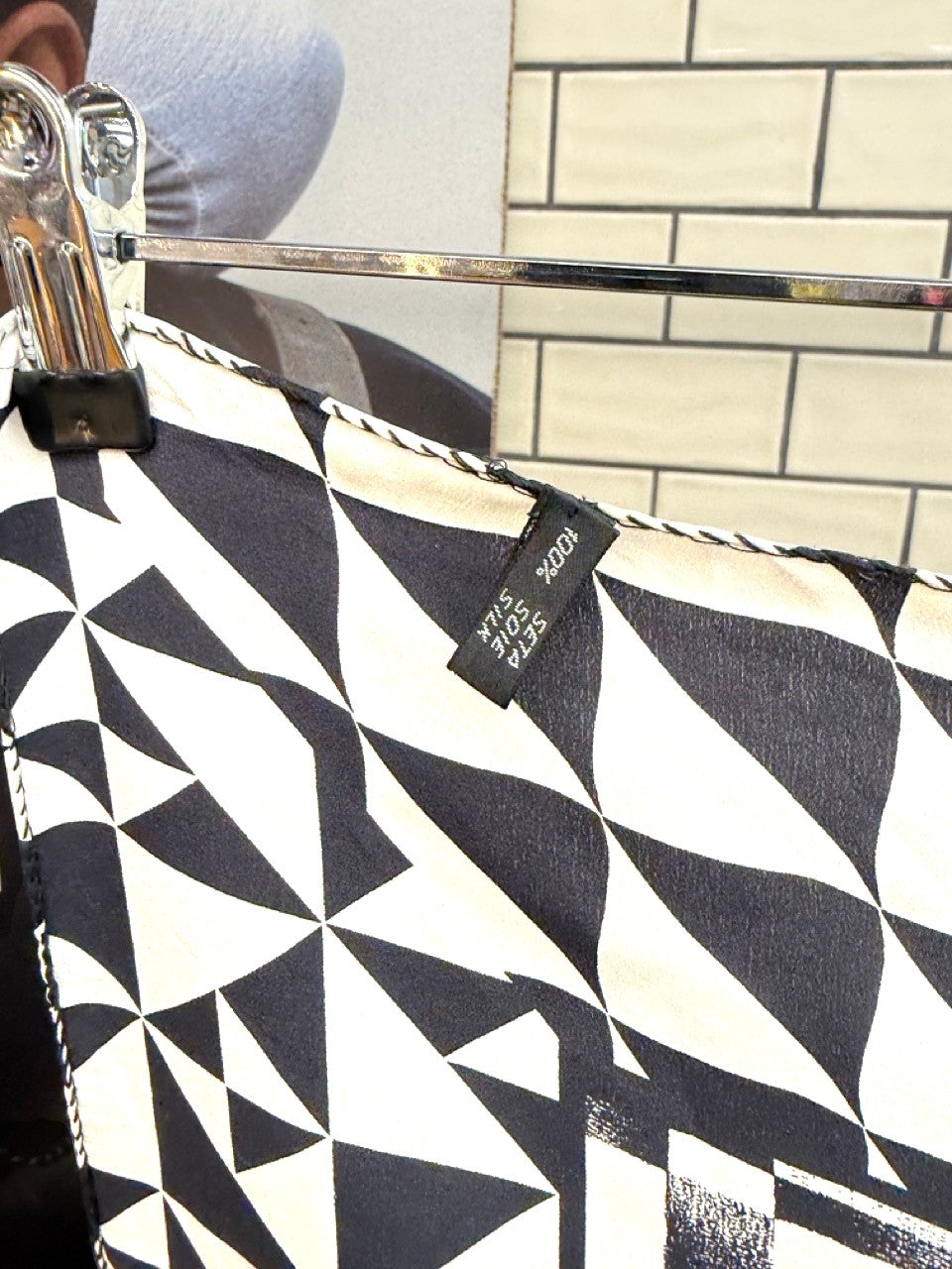 BERLIN VINTAGE CORNER black and white geometric silk scarf with 100 percent silk fabric tag detail