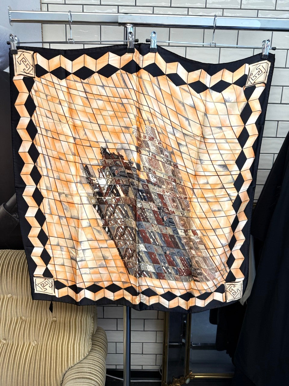 BERLIN VINTAGE CORNER silk scarf featuring a peach and black geometric architectural print with a bold border.