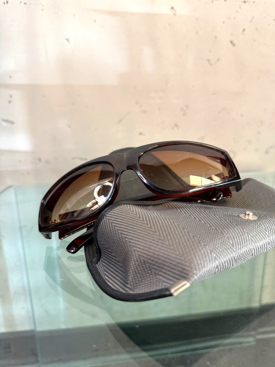 Gianni Versace 90s Crystal Sunglasses in Havana Brown, angled