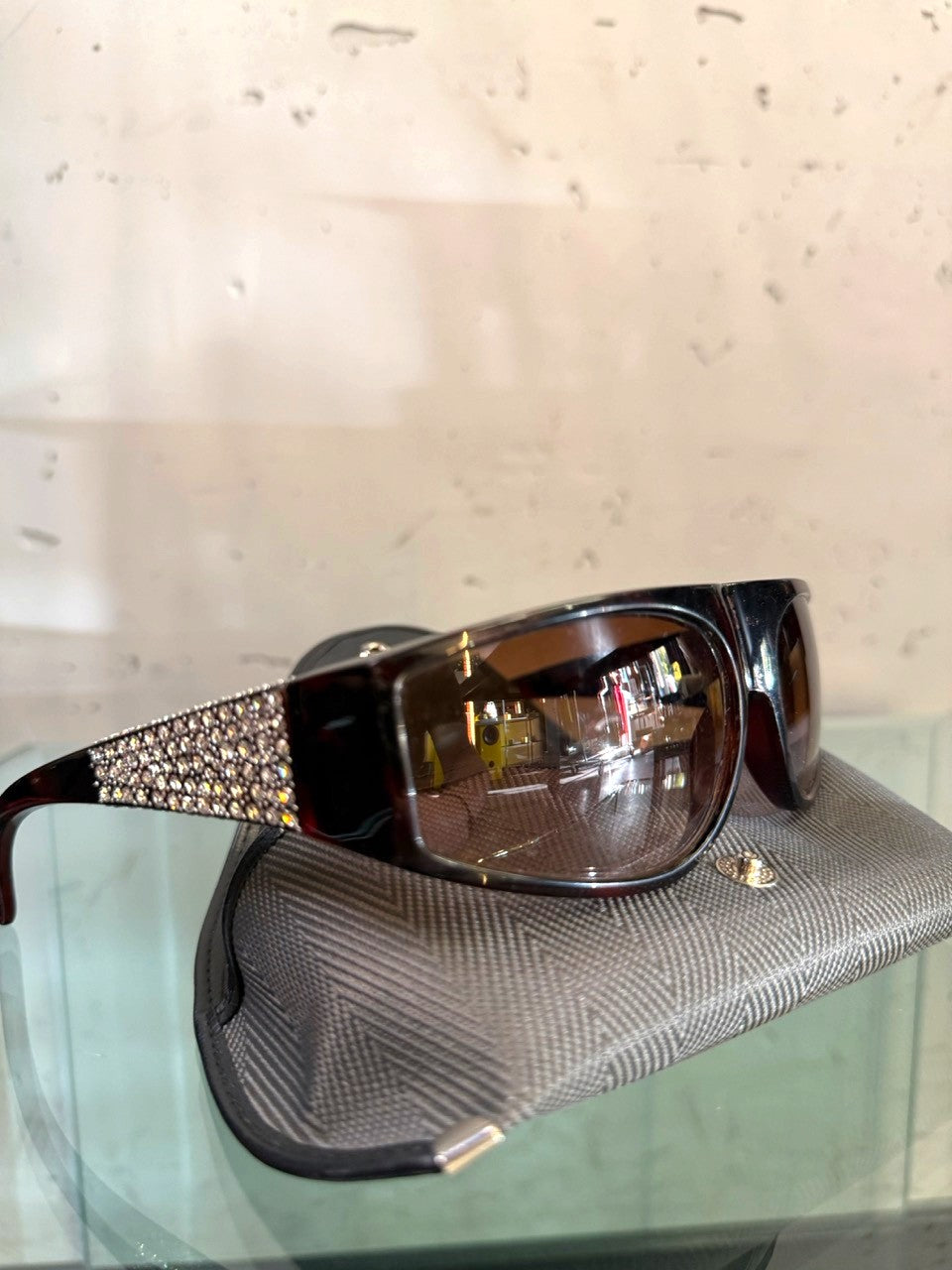 Gianni Versace 90s Crystal Sunglasses in Havana Brown, crystal temple