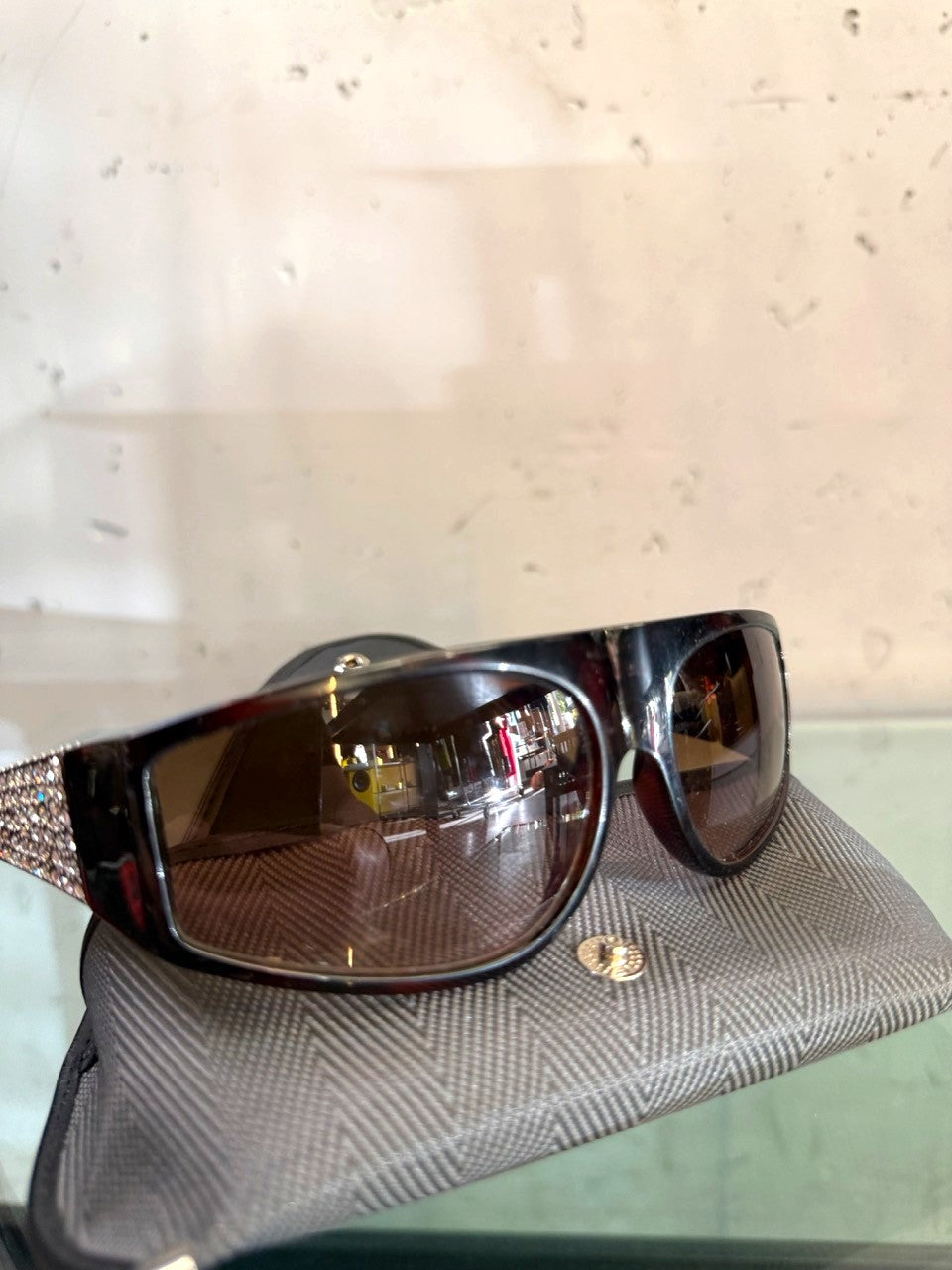 Gianni Versace 90s Crystal Sunglasses in Havana Brown, front view on case