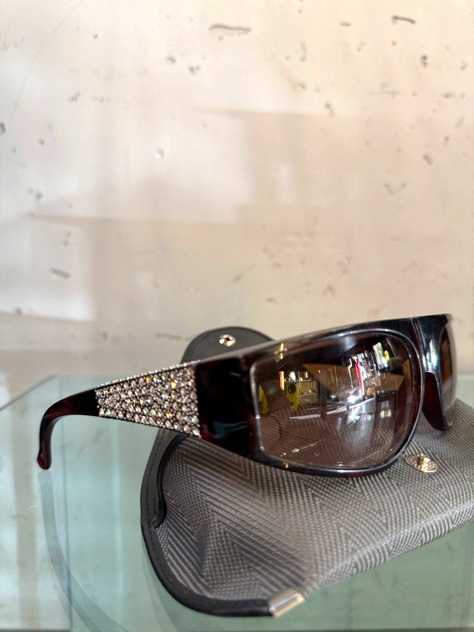 Gianni Versace 90s Crystal Sunglasses in Havana Brown, side