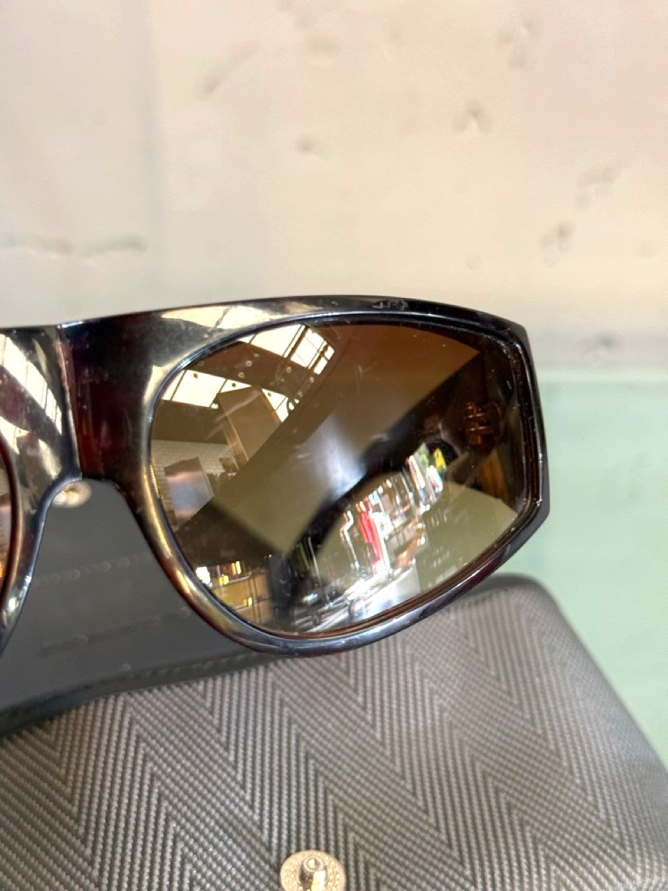 Gianni Versace 90s Crystal Sunglasses in Havana Brown, lens close up