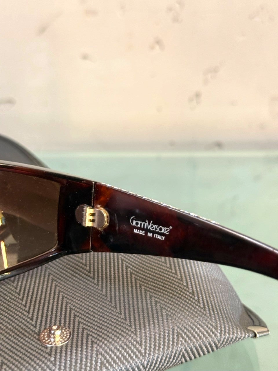 Gianni Versace 90s Crystal Sunglasses in Havana Brown, Made in Italy temple